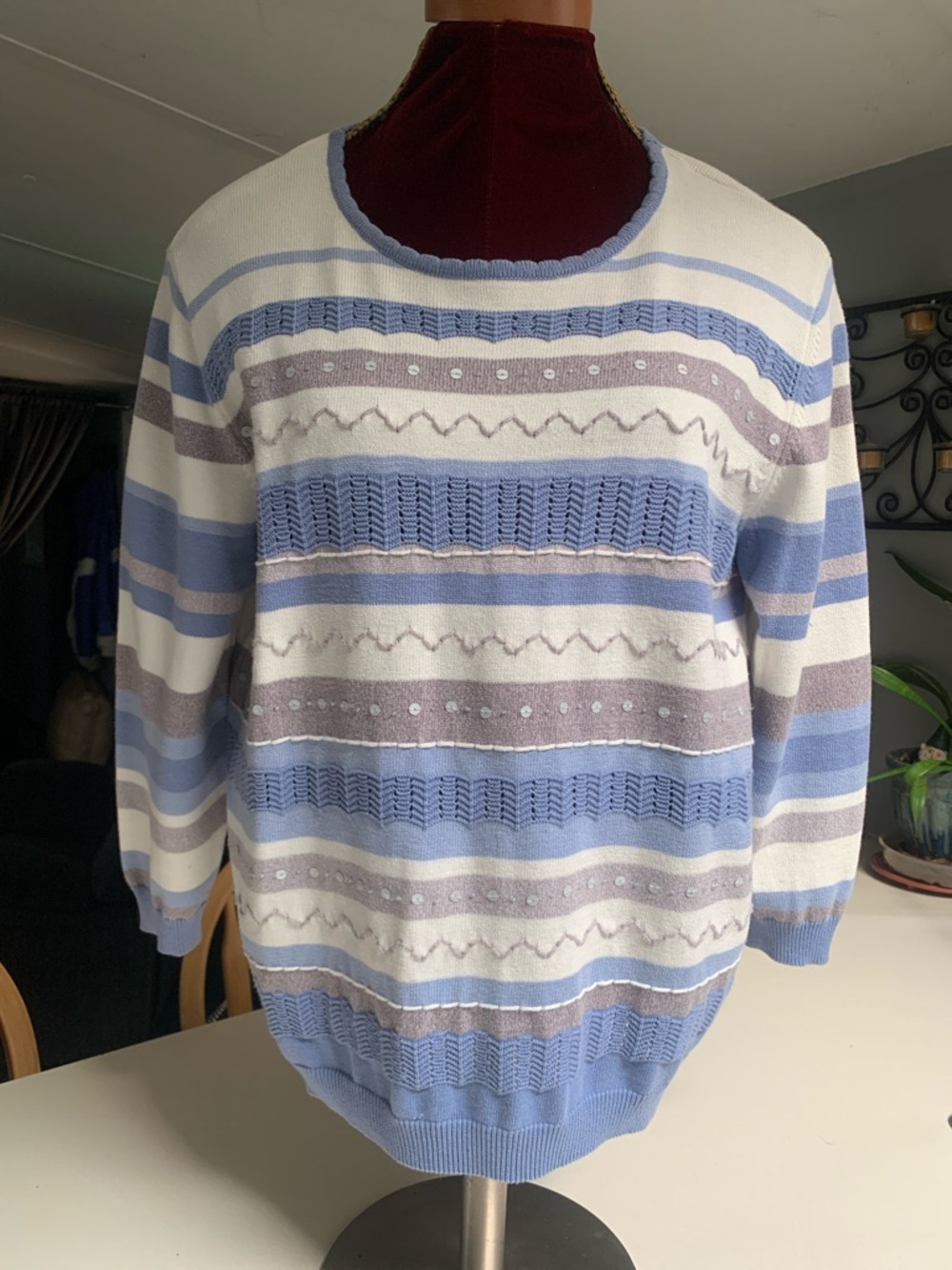 Alfred Dunner Classic Striped Crewneck Sweater in Light Blue, White & Taupe.